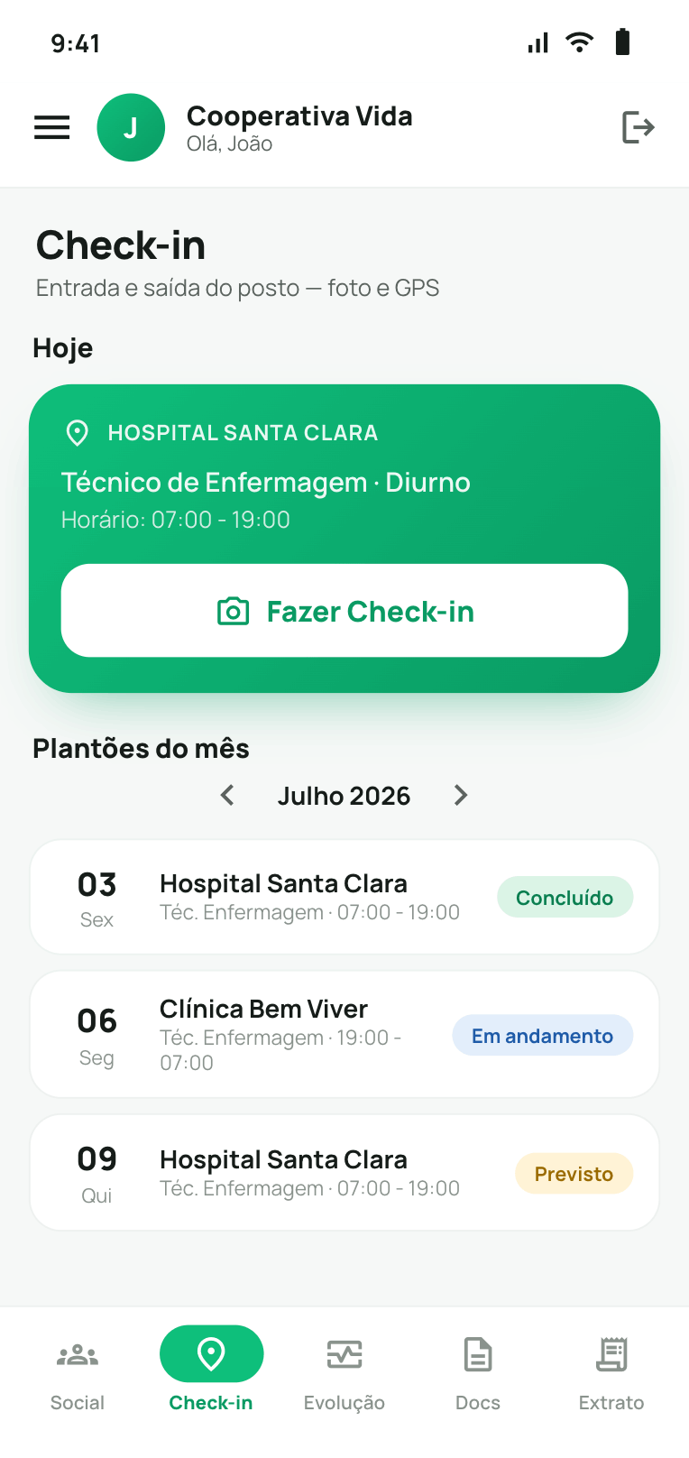 Check-in por GPS no aplicativo do cooperado