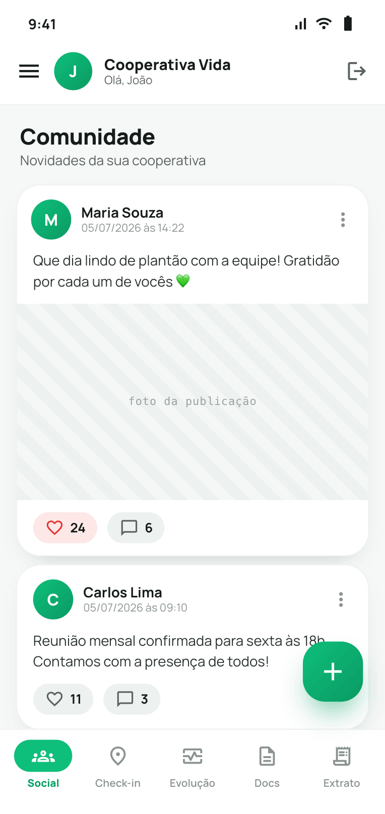 Feed de avisos da cooperativa no aplicativo do cooperado