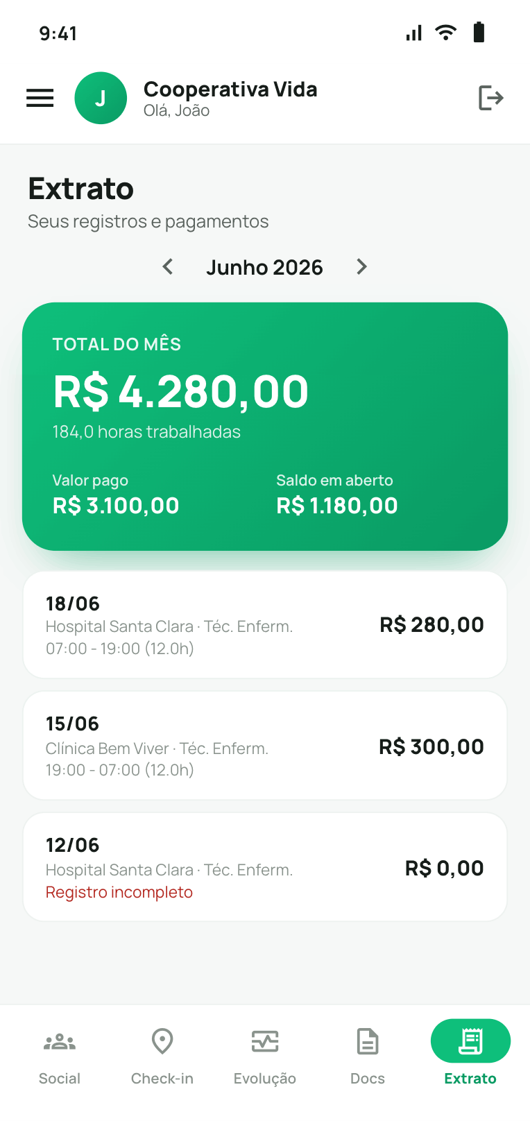 Extrato de produção do cooperado no aplicativo